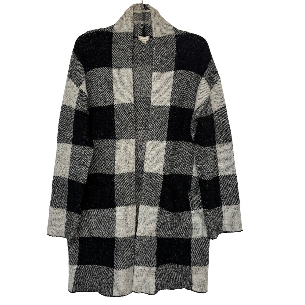 Cozy Cabincore Black & White Buffalo Plaid Long Cardigan Sweater M Hem & Thread